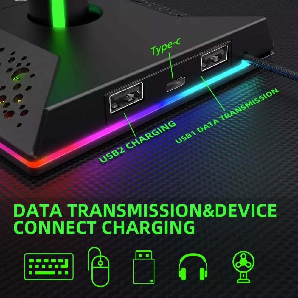 RGB Gaming Headphones Stand, 1 Pack Controller Stand USB Ports Headset Stand with 10 Light Modes and Non-Slip Rubber, Suitable for All Earphone Accessories, Gift for Husband, Kids, Boyfriend