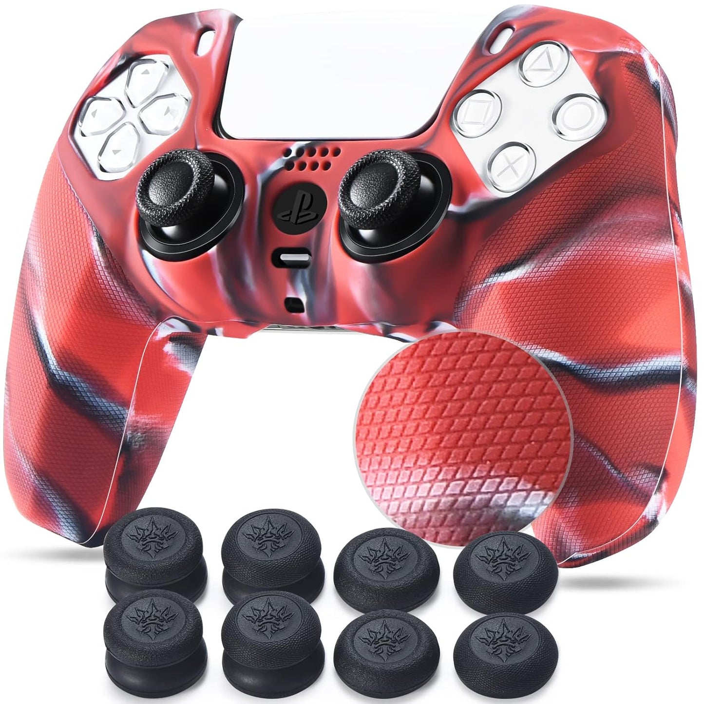 Grip Texture Silicone Cover Skin Case for PS5 Controller X 1(Camou Red) with Pro Thumb Grips X 8