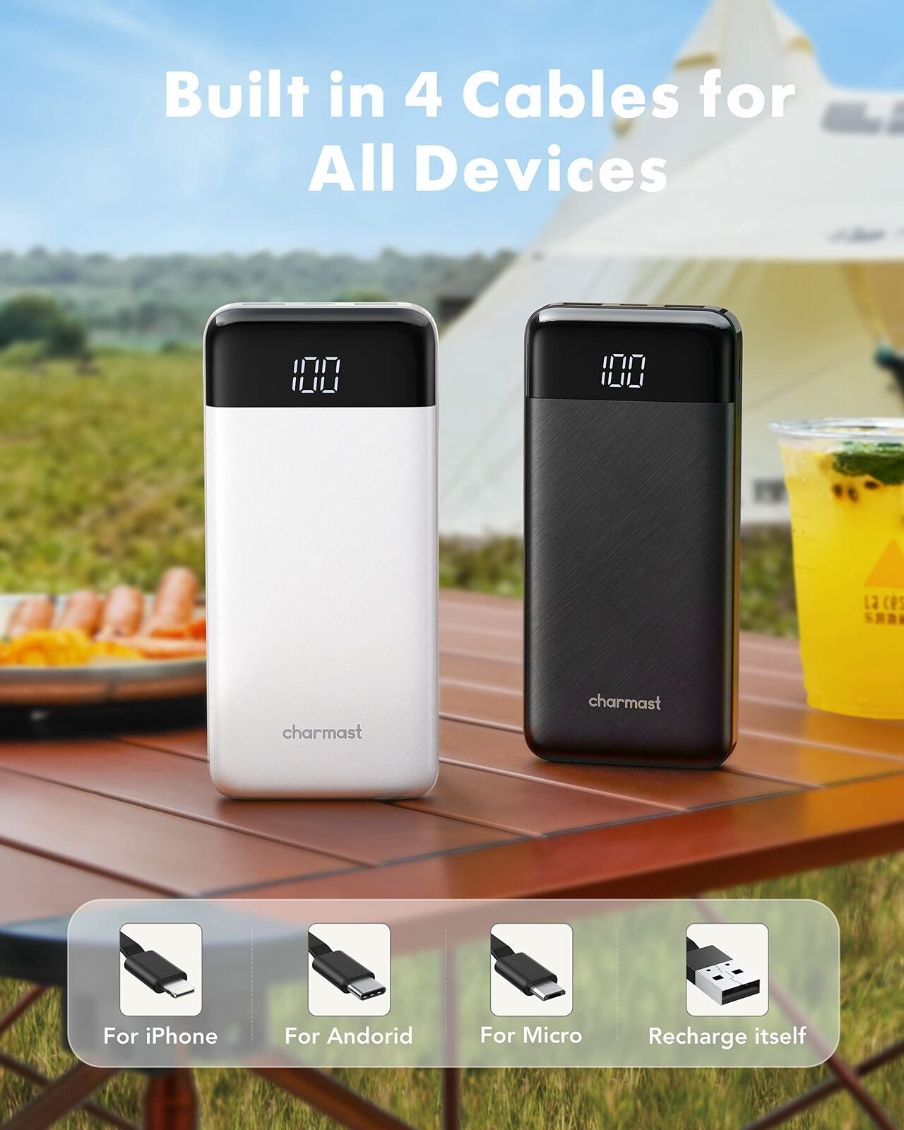 2 Packs Portable Chargers with Built in Cables, 2PCS Slim 10000Mah Travel Ess...