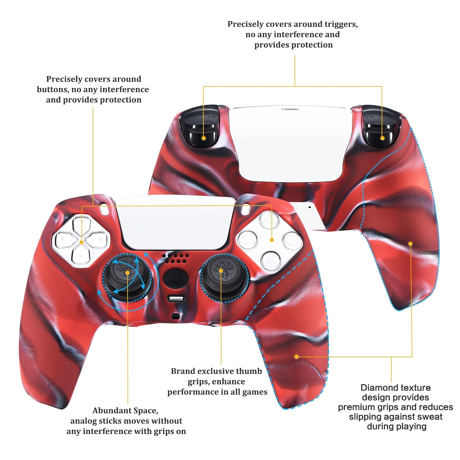 Grip Texture Silicone Cover Skin Case for PS5 Controller X 1(Camou Red) with Pro Thumb Grips X 8