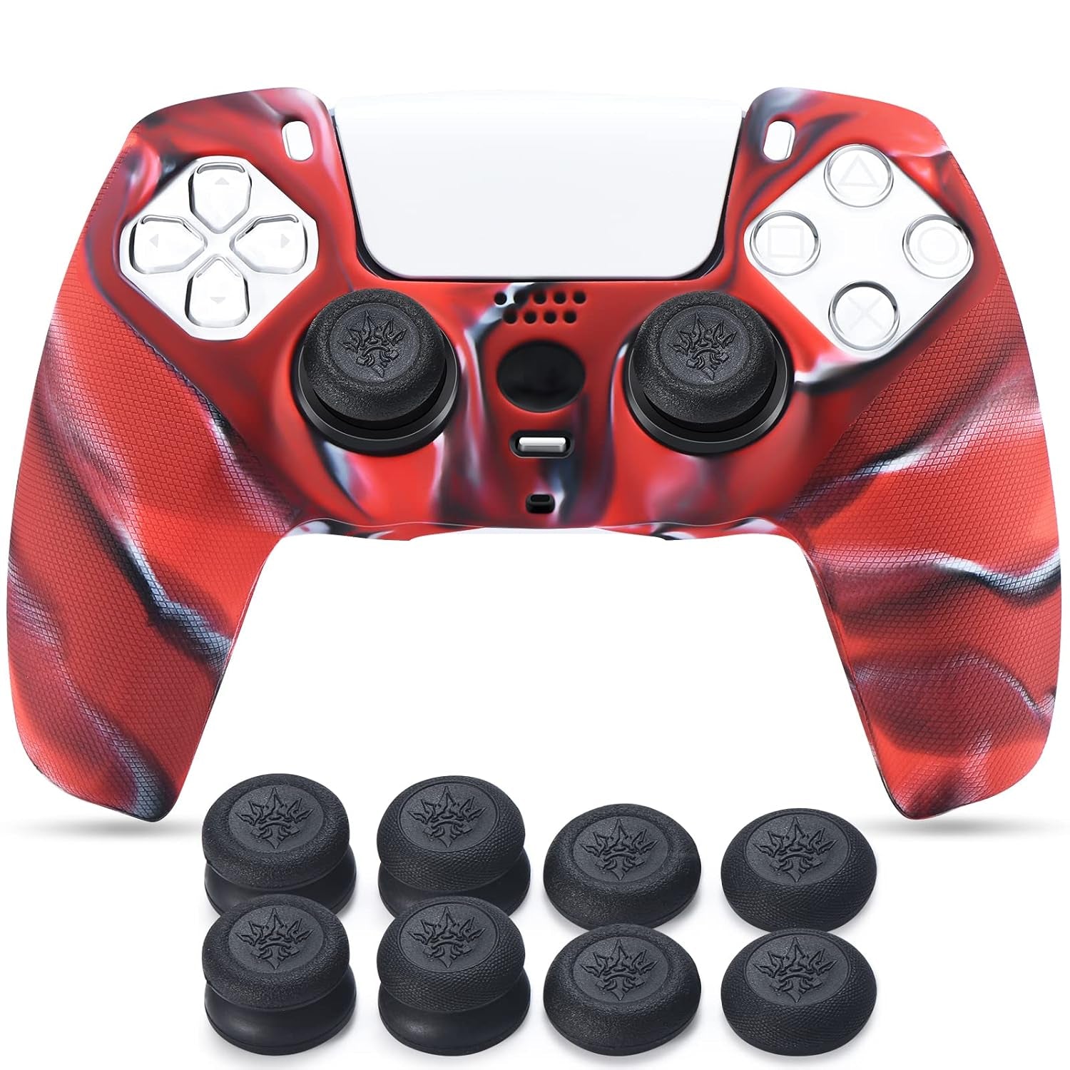 Grip Texture Silicone Cover Skin Case for PS5 Controller X 1(Camou Red) with Pro Thumb Grips X 8
