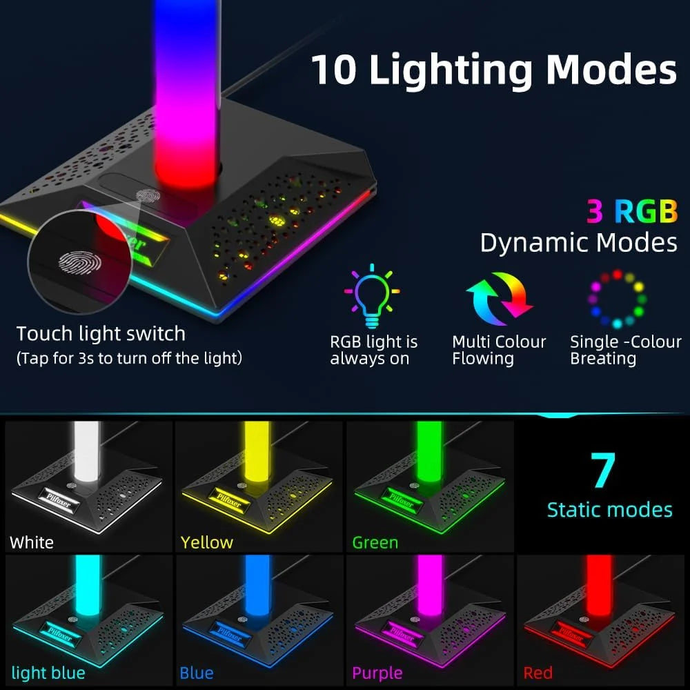 RGB Gaming Headphones Stand,  1 Pack Controller Stand USB Ports Headset Stand with 10 Light Modes and Non-Slip Rubber, Suitable for All Earphone Accessories, Gift for Husband, Kids, Boyfriend