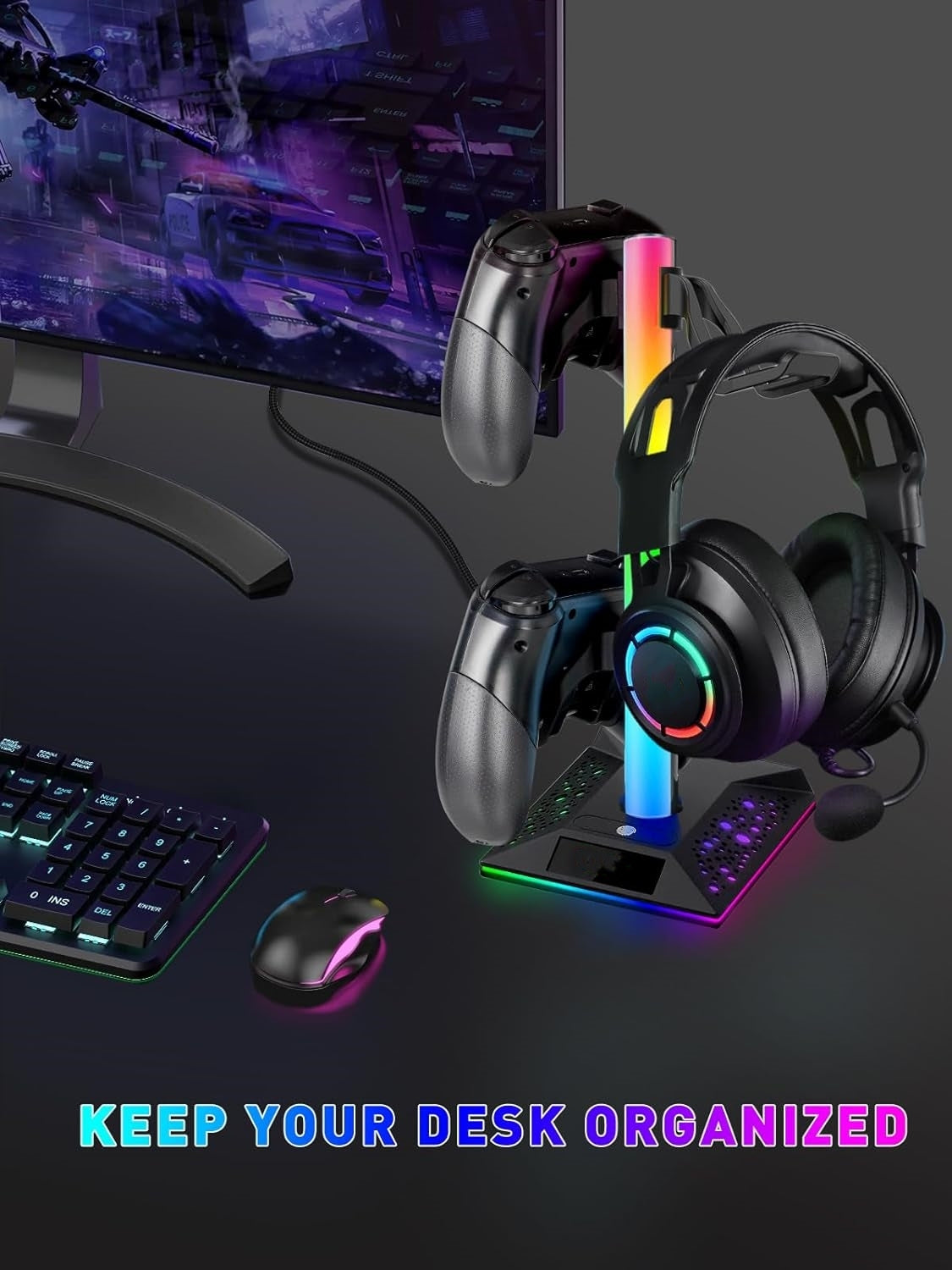 RGB Gaming Headphones Stand,  1 Pack Controller Stand USB Ports Headset Stand with 10 Light Modes and Non-Slip Rubber, Suitable for All Earphone Accessories, Gift for Husband, Kids, Boyfriend