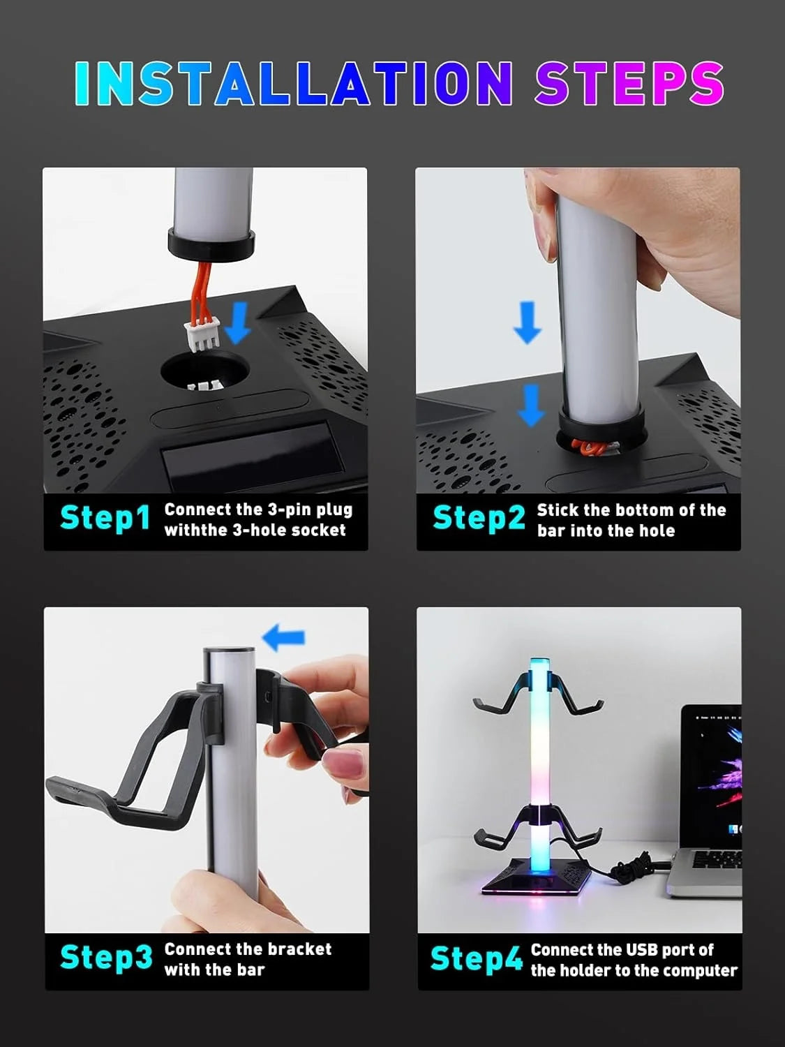 RGB Gaming Headphones Stand,  1 Pack Controller Stand USB Ports Headset Stand with 10 Light Modes and Non-Slip Rubber, Suitable for All Earphone Accessories, Gift for Husband, Kids, Boyfriend