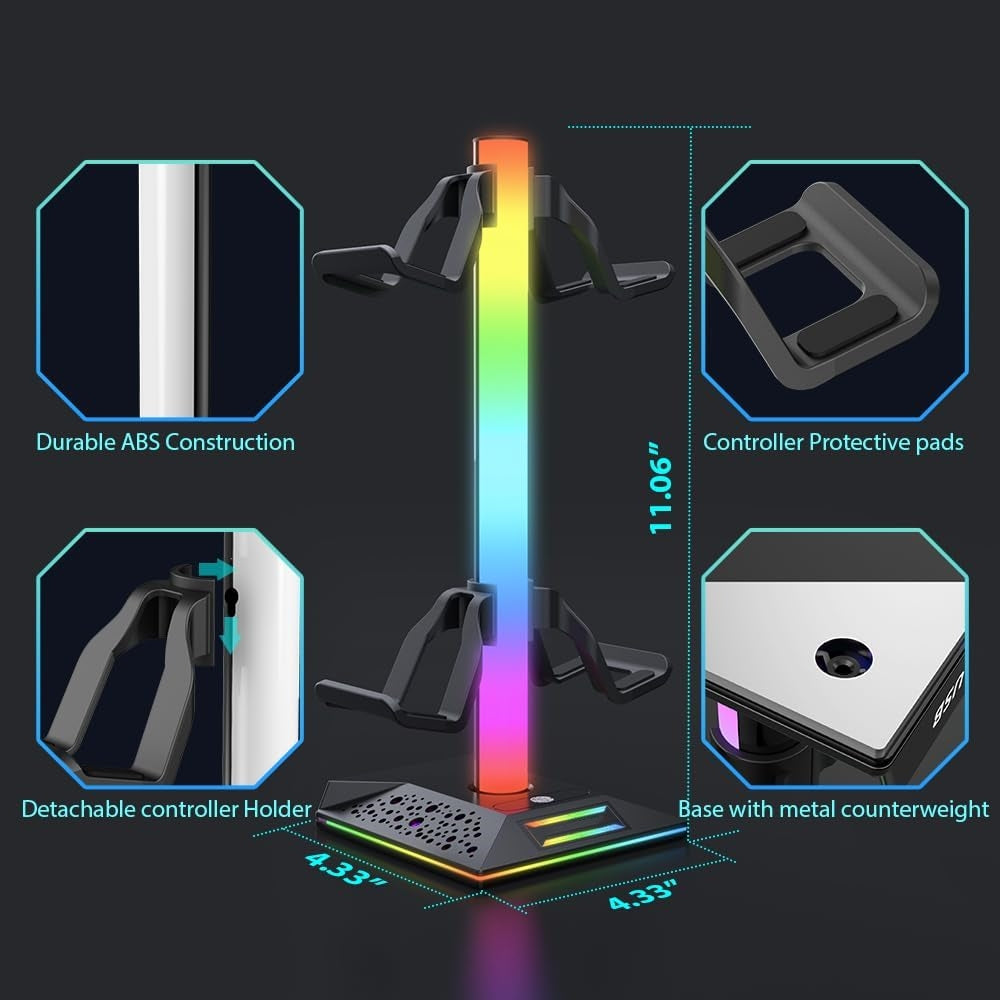 RGB Gaming Headphones Stand,  1 Pack Controller Stand USB Ports Headset Stand with 10 Light Modes and Non-Slip Rubber, Suitable for All Earphone Accessories, Gift for Husband, Kids, Boyfriend