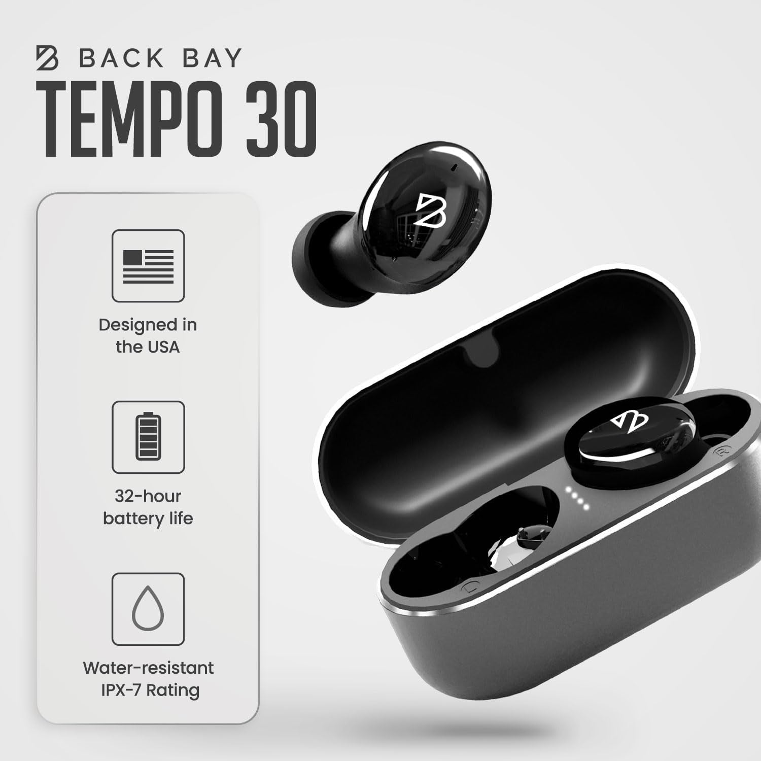 Tempo 30 Wireless Earbuds for Small Ears - Award-Winning Sound, Sweatproof Bluetooth Earbuds, Comfortable Ear Buds for Women, Black Earphones Small Ear Canals, Long Battery Headphones