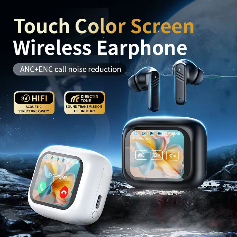 Wireless Earbuds with Touch Screen In-Ear Earphone ANC Noise Cancellation Long Battery ENC Mic Compatible with IOS Android