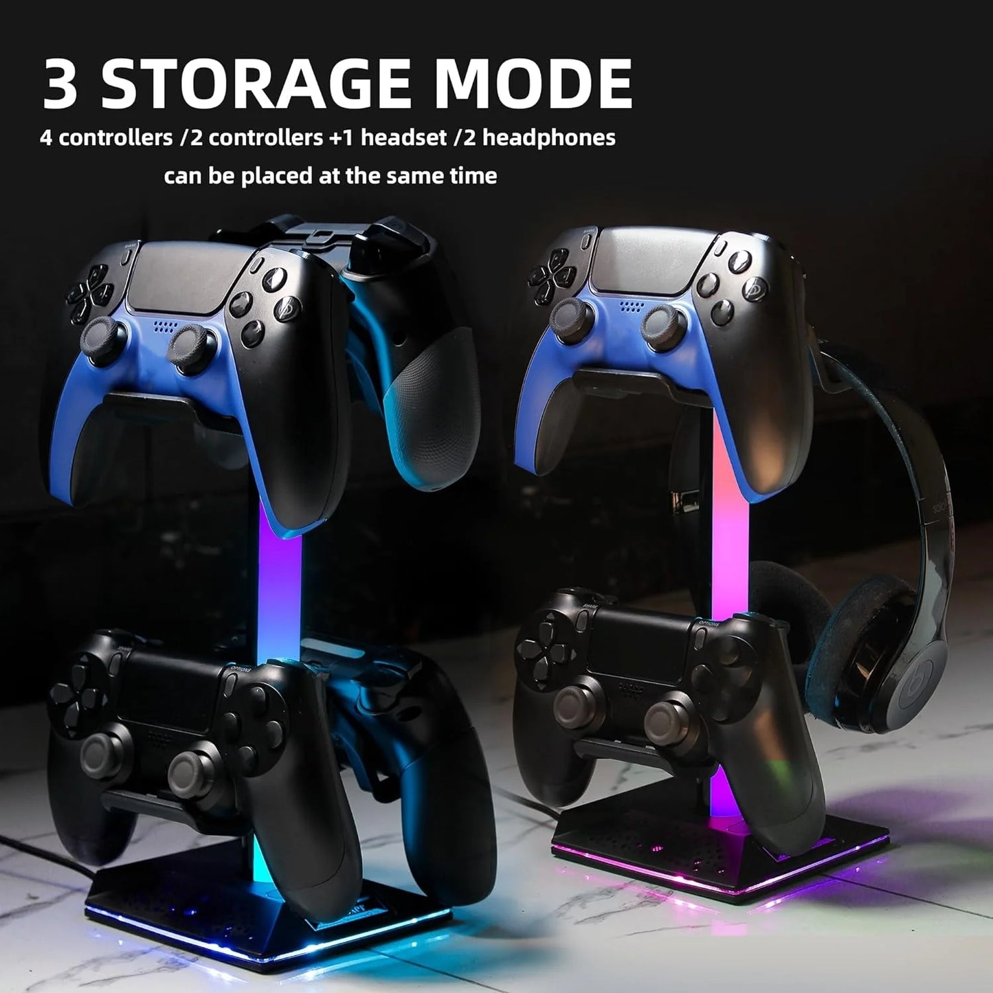 RGB Gaming Headphones Stand,  1 Pack Controller Stand USB Ports Headset Stand with 10 Light Modes and Non-Slip Rubber, Suitable for All Earphone Accessories, Gift for Husband, Kids, Boyfriend