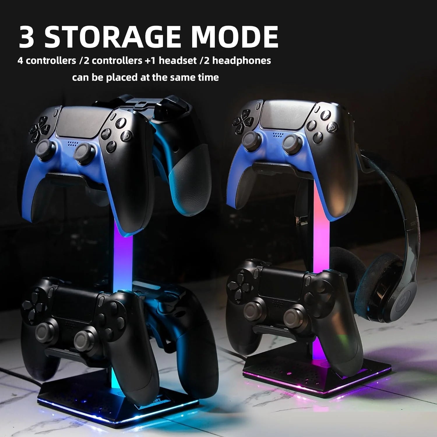 RGB Gaming Headphones Stand,  1 Pack Controller Stand USB Ports Headset Stand with 10 Light Modes and Non-Slip Rubber, Suitable for All Earphone Accessories, Gift for Husband, Kids, Boyfriend