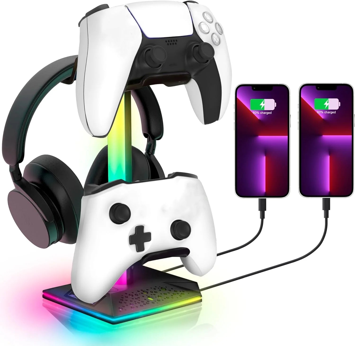 RGB Gaming Headphones Stand,  1 Pack Controller Stand USB Ports Headset Stand with 10 Light Modes and Non-Slip Rubber, Suitable for All Earphone Accessories, Gift for Husband, Kids, Boyfriend