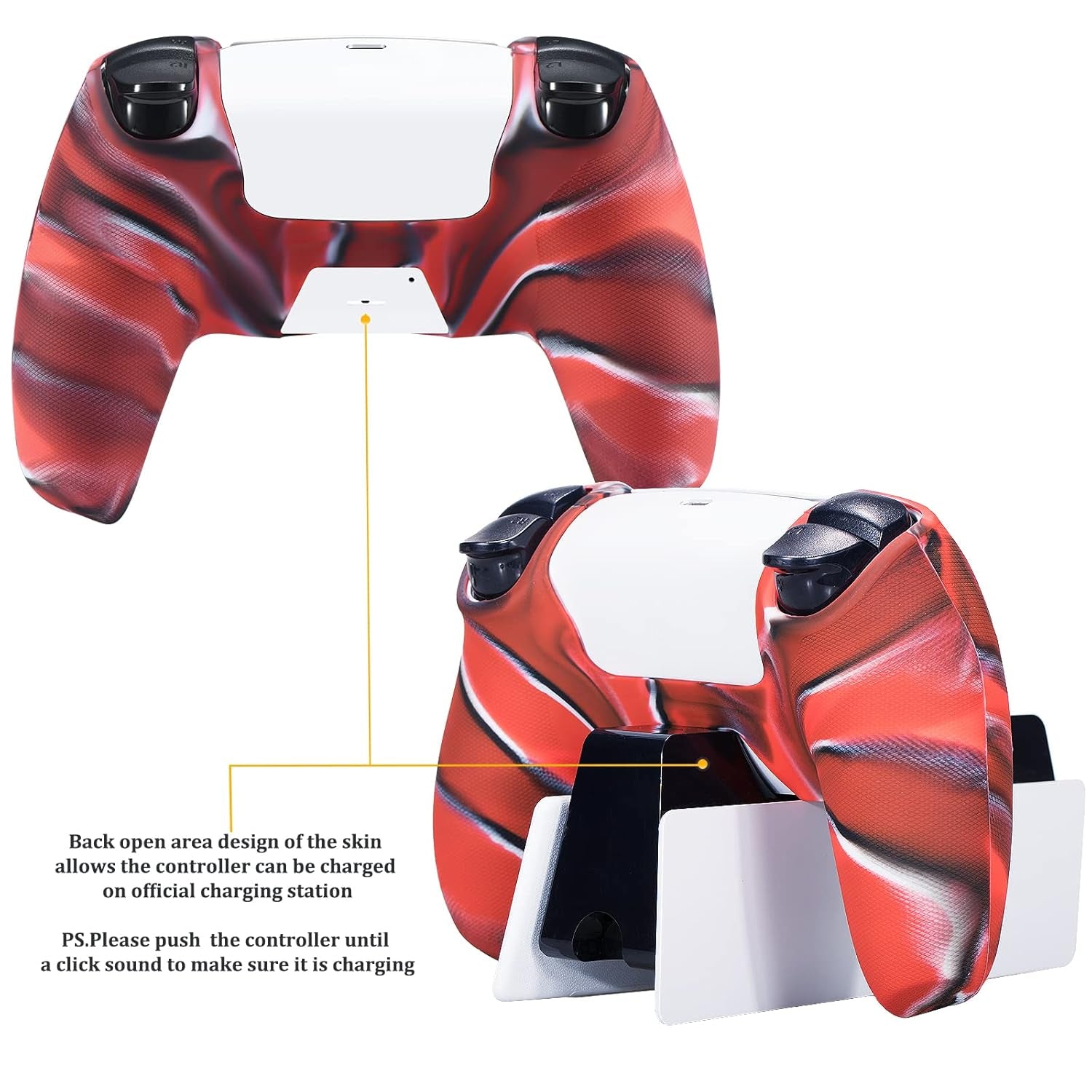 Grip Texture Silicone Cover Skin Case for PS5 Controller X 1(Camou Red) with Pro Thumb Grips X 8